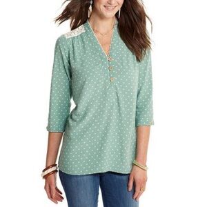 MATILDA JANE ENTICING EYELET MINT DOT LACE CUTOUT V NECK TUNIC BLOUSE